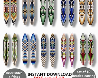 May include: A collection of ten beaded earring patterns in various colors and designs. The earrings feature geometric and tribal patterns in shades of blue, green, yellow, and red. The image includes text that says "INSTANT DOWNLOAD PDF set of 10 beaded earring patterns PDF."