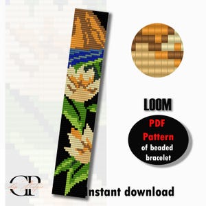 May include: A loom beading pattern for a bracelet featuring a floral design with white flowers, green leaves, and a brown and blue hat. The pattern is in PDF format and is available for instant download. The text "LOOM PDF Pattern of beaded bracelet instant download" is also included in the image.