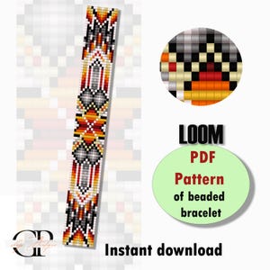 May include: A digital download pattern for a beaded bracelet. The pattern is for a loom bracelet with a geometric design in black, white, red, orange, and yellow.