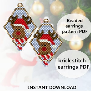 May include: Two beaded diamond-shaped earrings featuring a reindeer design with a red Santa hat and striped legs. The earrings are brown, red, white, and blue. Text on the image says "Beaded earrings pattern PDF", "brick stitch earrings PDF", and "INSTANT DOWNLOAD".