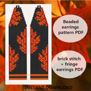 May include: Beaded earrings pattern PDF for brick stitch and fringe earrings. The pattern features a design of orange and red leaves on a black background.  INSTANT DOWNLOAD.