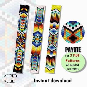 May include: Three colourful beaded bracelet patterns in a set of three PDF files. The patterns are for peyote stitch beading and feature geometric designs with black, white, blue, yellow, orange, and turquoise beads. The text "PAYOTE set 3 PDF Patterns of beaded bracelets" is visible in the image.