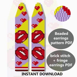 May include: A digital pattern for beaded earrings. The design features a repeating pattern of red lips and hearts on a yellow and purple background. The text "INSTANT DOWNLOAD" is at the bottom. Two gray circles contain the text "Beaded earrings pattern PDF" and "brick stitch + fringe earrings PDF".