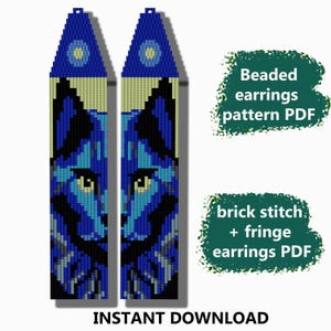 May include: A digital pattern for beaded earrings featuring a wolf design in shades of blue, black, and green. The pattern includes instructions for brick stitch and fringe. The text "Beaded earrings pattern PDF" and "brick stitch + fringe earrings PDF" is included in the image.