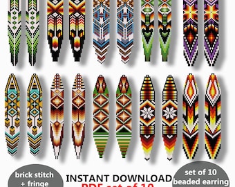 May include: A collection of ten beaded earring patterns in various colors and designs. The earrings feature geometric and tribal patterns in shades of green, red, yellow, and blue. The image includes text that says "INSTANT DOWNLOAD PDF set of 10 beaded earring patterns PDF."