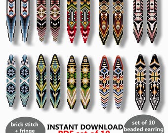 May include: A collection of ten beaded earring patterns in various geometric designs. The earrings feature a brick stitch and fringe design, with a variety of colors including red, blue, green, and black. The image includes the text "INSTANT DOWNLOAD PDF set of 10 beaded earring patterns PDF."