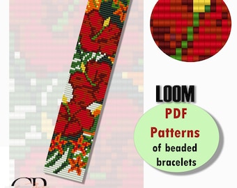 May include: A loom beading pattern for a bracelet featuring red, green, and yellow flowers. The pattern is available as an instant download PDF.