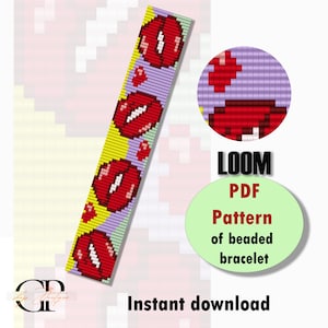 May include: A digital PDF pattern for a beaded bracelet featuring a repeating pattern of red lips on a purple, yellow, and green background. The pattern is for loom beading and is available for instant download. The text "LOOM PDF Pattern of beaded bracelet" is visible in the image.