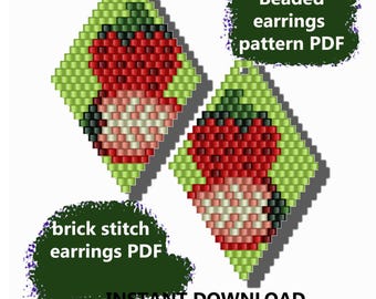 PDF pattern of beaded earrings with bright red strawberries "Strawberry jam" PDF pattern of earrings with strawberries, brick stitch earring