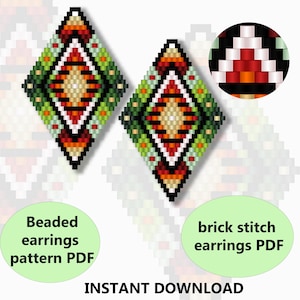 May include: A pair of beaded earrings with a geometric diamond pattern in shades of green, orange, red, white, and black. The earrings are made using brick stitch and are available as a downloadable PDF pattern. "Beaded earrings pattern PDF" and "brick stitch earrings PDF" are written in green circles on the image.