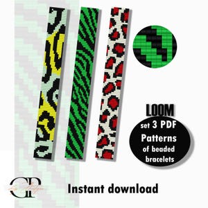 May include: Three loom beading patterns for bracelets. The patterns are a black and green zebra print, a black, white, and red leopard print, and a yellow and black geometric pattern. The text "LOOM set 3 PDF Patterns of beaded bracelets Instant download" is also included in the image.