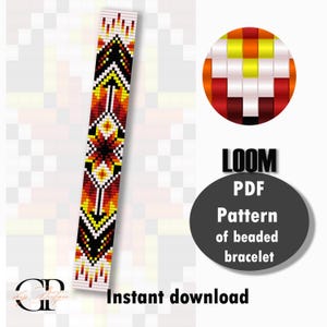May include: A digital download PDF pattern for a beaded bracelet. The pattern features a geometric design with red, orange, yellow, black, and white beads. The pattern is for loom beading.