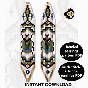 May include: A pair of long, beaded earrings with a geometric pattern in shades of white, gold, green, blue, and black. The earrings are designed in a brick stitch pattern with fringe. The image includes the text "Beaded earrings pattern PDF" and "brick stitch + fringe earrings PDF".
