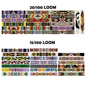 May include: A colorful chart showing 20 different loom band patterns, labeled "20/100 LOOM", and 15 different loom band patterns, labeled "15/100 LOOM".