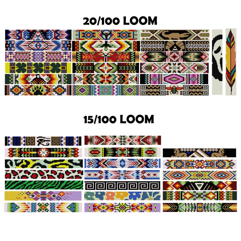 May include: A colorful chart showing 20 different loom band patterns, labeled "20/100 LOOM", and 15 different loom band patterns, labeled "15/100 LOOM".