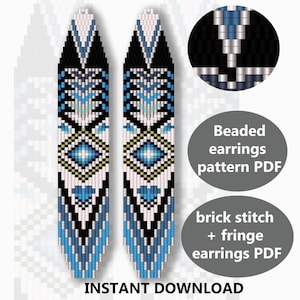 May include: Two beaded earring patterns in a PDF format. The earrings are long and narrow, featuring a geometric design in black, white, blue, and yellow. The text "INSTANT DOWNLOAD" is at the bottom.