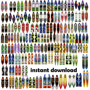 May include: A collection of 100 colorful beaded earring designs, featuring various themes like holiday, nature, and animals. The designs are displayed in pairs, with each pair featuring a unique pattern. The image includes the text "instant download".