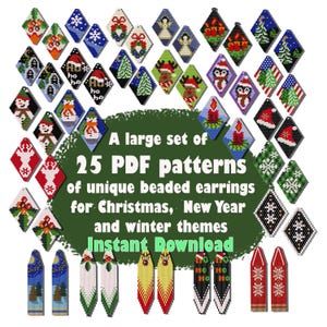 Puede incluir: Un conjunto de 25 patrones PDF para pendientes de cuentas con temas navideños, de Año Nuevo e invernales. Los patrones incluyen diseños con copos de nieve, renos, velas y mucho más. Descarga instantánea.