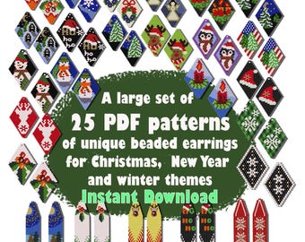 25 PDF Beaded Earring Patterns – Christmas & Winter Collection "Holiday set 1012" / Instant Download / brick stitch and fringe