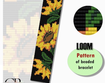 May include: A loom beading pattern for a bracelet featuring sunflowers with yellow petals, brown centers, and green leaves on a black background. The pattern is for an instant download.  LOOM Pattern of beaded bracelet. Instant download.