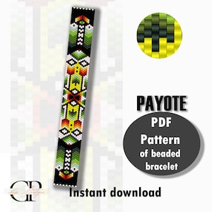 Könnte beinhalten: Ein digitaler Download-Muster für ein Perlenarmband in einem geometrischen Design mit schwarzen, grünen, gelben, orangefarbenen und roten Perlen. Das Muster ist für Peyote-Stich und ist als PDF verfügbar.