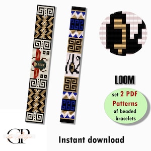 May include: Two beaded bracelet patterns with geometric designs in black, white, gold, red, and blue. The image includes a circular pattern and text that reads "LOOM set 2 PDF Patterns of beaded bracelets" and "Instant download."