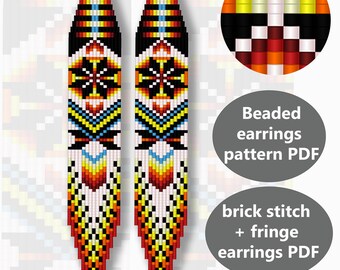 Puede incluir: Patrón PDF digital para pendientes de cuentas. El diseño presenta un patrón simétrico con cuentas negras, blancas, amarillas, azules y rojas. Se incluye el texto "Beaded earrings pattern PDF".