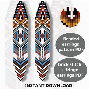 May include: Digital pattern for beaded earrings. The design features a geometric pattern in shades of red, brown, blue, and white. The text on the image says "Beaded earrings pattern PDF", "brick stitch + fringe earrings PDF", and "INSTANT DOWNLOAD".