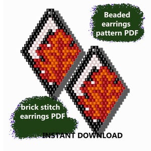 May include: Two beaded earrings with a brick stitch pattern. The earrings are square-shaped with a black border, white accents, and a gradient of orange and red beads. Text on the image reads "Beaded earrings pattern PDF", "brick stitch earrings PDF", and "INSTANT DOWNLOAD".