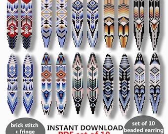 May include: A collection of 10 beaded earring patterns in various geometric designs. The earrings feature a mix of colors, including red, blue, black, and white. The image includes text that says "INSTANT DOWNLOAD PDF set of 10 beaded earring patterns PDF".
