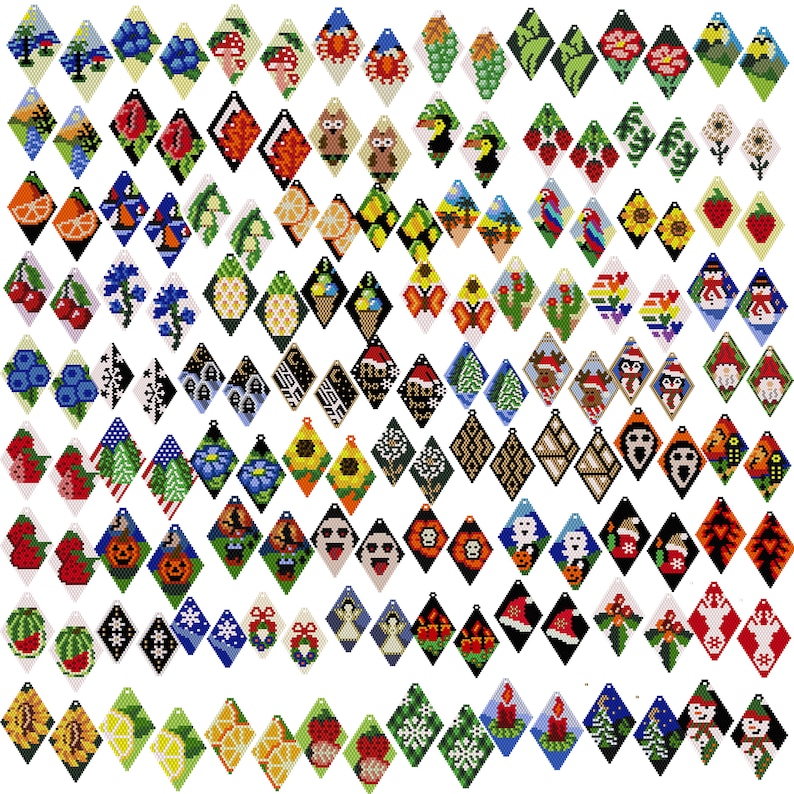 May include: A set of 100 colorful diamond-shaped earrings with various designs, including flowers, animals, and geometric patterns. The earrings are made of beads and are perfect for adding a pop of color to any outfit.