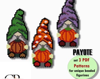 PDF-patroon – Set van 3 minikralen kabouterfiguren in hoeden (Peyote) "Trio". Patroon voor het maken van minifiguurtjes, sieraden, broches en meer