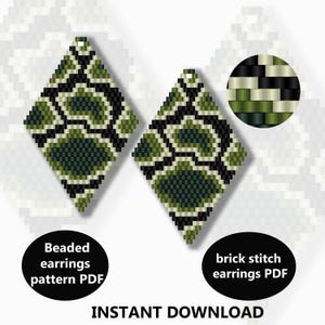 May include: A pair of green, black, and white beaded earrings in a diamond shape. The earrings are made with brick stitch and are available as a digital download pattern.
