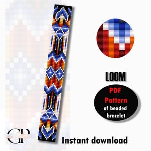May include: A loom beading pattern for a bracelet with a geometric design in blue, red, orange, white, and black. The pattern is available as an instant download PDF.