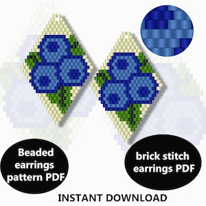 Pattern PDF of brick stitch earrings &quot;blue berries&quot;  PDF pattern of mini beaded earrings with summer blue berries