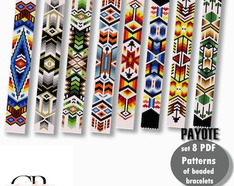 Könnte beinhalten: Set mit acht Mustern für Perlenarmbänder in verschiedenen geometrischen Designs. Die Muster weisen eine Mischung aus Farben wie Blau, Rot, Gelb und Grün auf. Der Text "PAYOTE" und "Patterns of beaded bracelets" ist sichtbar.