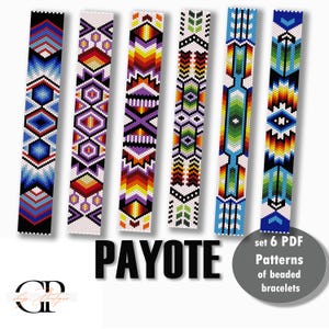 May include: Six colorful beaded bracelet patterns in a variety of geometric designs. The patterns include shades of blue, red, orange, yellow, green, and purple. The word "PAYOTE" is in large black letters. A gray circle says "set 6 PDF Patterns of beaded bracelets."