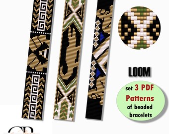 May include: Set of three loom beading patterns for bracelets. The patterns feature geometric designs in black, gold, white, and green. The patterns are available as instant downloads in PDF format.