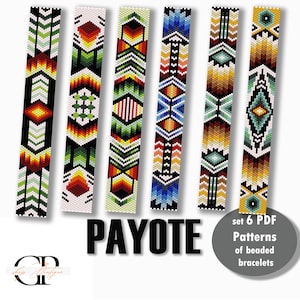 May include: Six colorful beaded bracelet patterns with geometric designs. The patterns feature a variety of colors including red, green, yellow, blue, and white. The word "PAYOTE" is displayed in large black letters. A gray circle says "set 6 PDF Patterns of beaded bracelets."