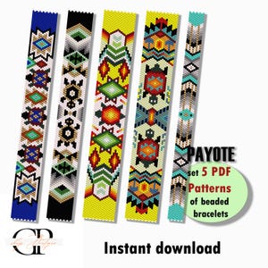 May include: Set of five PDF patterns for beaded bracelets in a variety of colors and designs. The patterns are labeled "PAYOTE set 5 PDF Patterns of beaded bracelets".