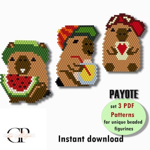 May include: Three beaded animal figurines in the style of peyote stitch. The animals are brown with different colored hats and accessories. The first animal is holding a slice of watermelon, the second is holding a glass of lemonade, and the third is holding a heart. The text "PAYOTE set 3 PDF Patterns for unique beaded figurines Instant download" is also included in the image.