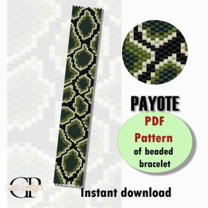 May include: A digital download pattern for a beaded bracelet with a snake skin design. The pattern is in a green, black, and white colour scheme. The pattern is for peyote stitch and is available for instant download.