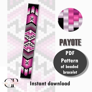Op de afbeelding: Een digitaal PDF-patroon voor een kralenarmband in Payote-stijl. Het ontwerp heeft een geometrisch patroon in roze, witte en zwarte tinten. De woorden "PAYOTE" en "Direct downloaden" zijn ook zichtbaar.