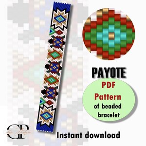 May include: A digital download PDF pattern for a beaded bracelet. The pattern is for a peyote stitch bracelet with a geometric design featuring turtles, diamonds, and other shapes in blue, red, green, white, and gold.