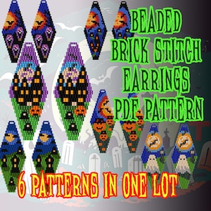 May include: A selection of beaded brick stitch earring patterns with Halloween designs. The earrings showcase pumpkins, ghosts, and witches. The image includes the text "Beaded Brick Stitch Earrings PDF Pattern" and "6 Patterns in One Lot."