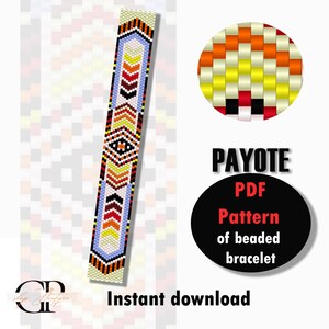 May include: A digital download pattern for a beaded bracelet in a colorful geometric design. The pattern is called "PAYOTE PDF Pattern of beaded bracelet".