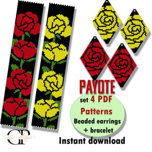 May include: Four beading patterns for a bracelet and earrings. The patterns feature red and yellow roses on a black background. The text "PAYOTE set 4 PDF Patterns Beaded earrings + bracelet Instant download" is also included.