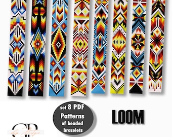 Könnte beinhalten: Satz von acht PDF-Mustern für Perlenarmbänder mit farbenfrohen geometrischen Designs. Die Muster sind für das Weben auf einem Webrahmen gedacht und stehen zum sofortigen Download bereit. Der Text "LOOM" wird in großen Buchstaben angezeigt.