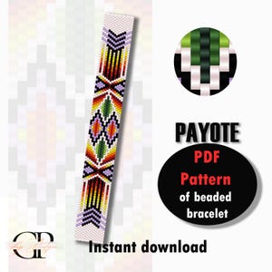May include: A digital pattern for a beaded bracelet in the Payote style. The design features a white background with a colorful geometric pattern in shades of red, yellow, green, and purple. The text "PAYOTE PDF Pattern of beaded bracelet" is also included.