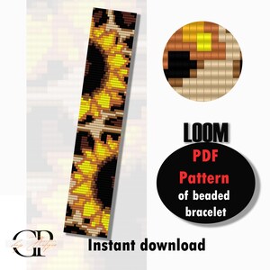May include: A digital download pattern for a beaded bracelet with a leopard print design. The pattern is for loom beading and is available as a PDF file. The image shows a close-up of the bracelet design and a sample of the pattern.
